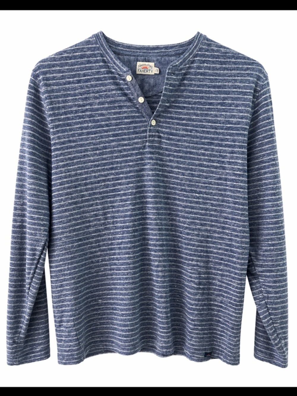 Faherty Slub Cotton Striped Henley Shirt Blue Long Sleeve Size Large
